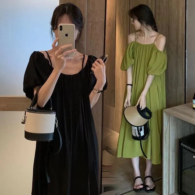 French Style Off-Shoulder Green Loose Fit Dress