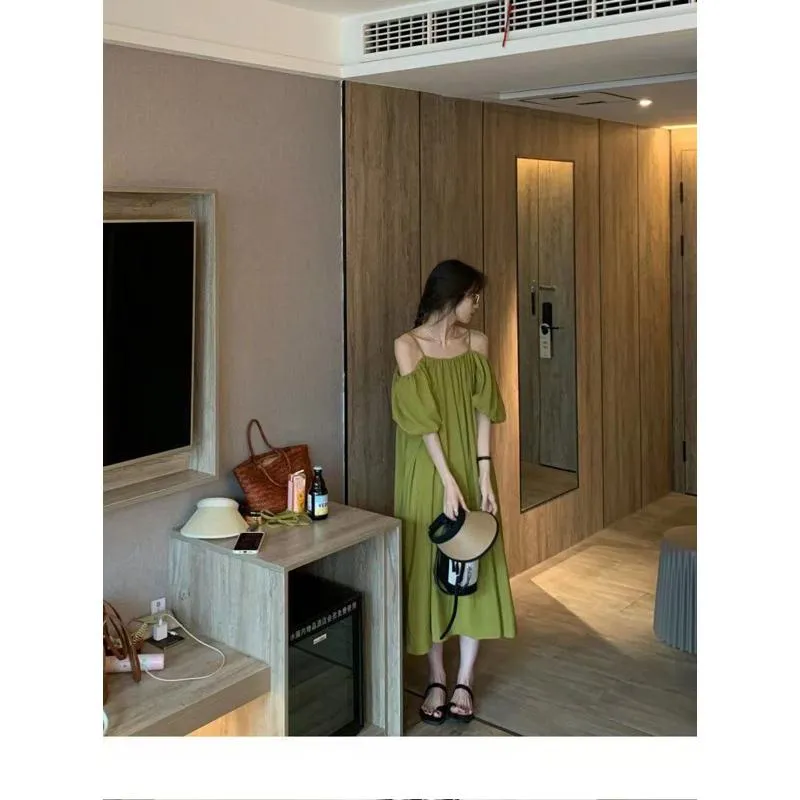 French Style Off-Shoulder Green Loose Fit Dress