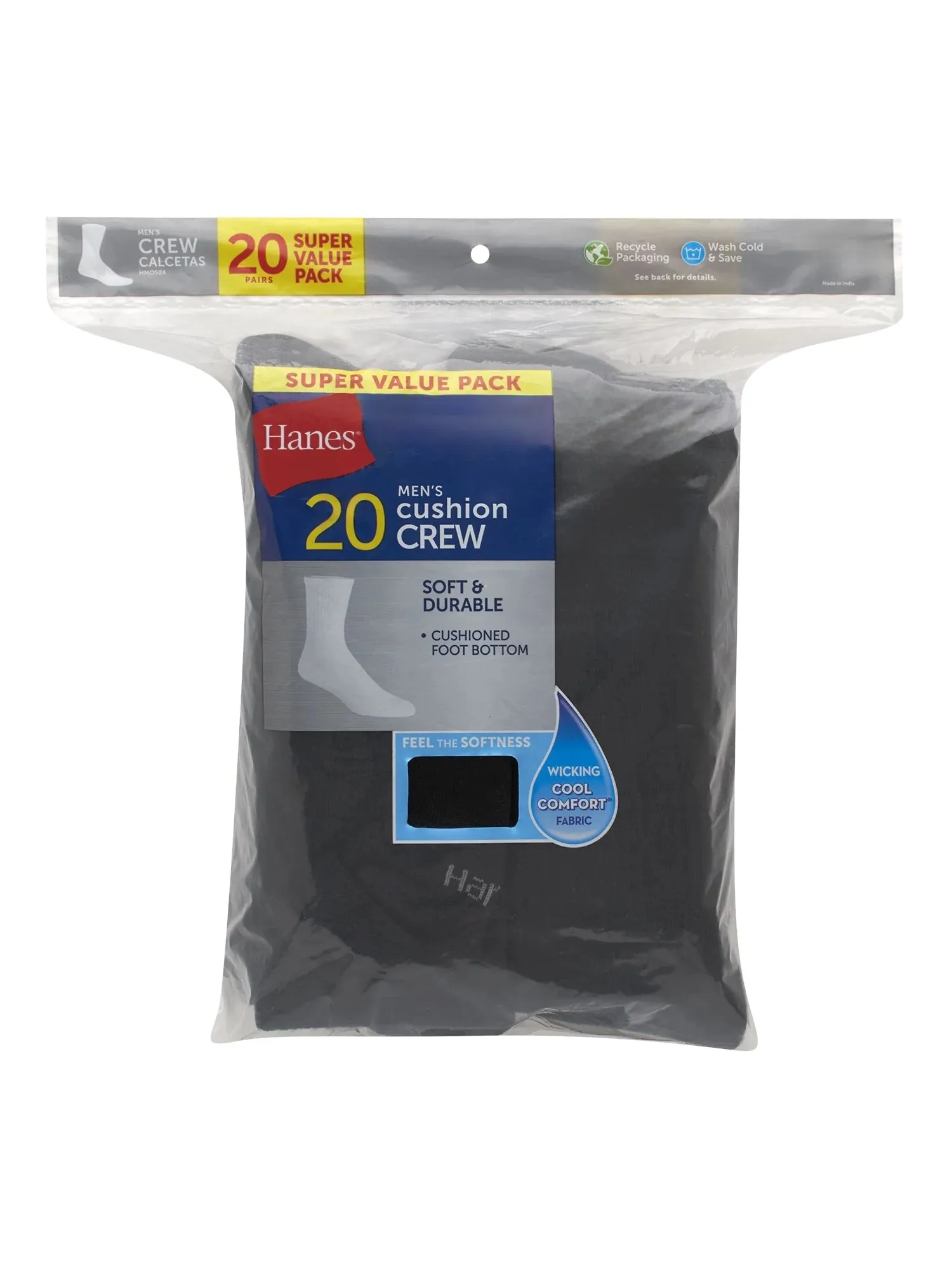 Hanes Men's Moisture-Wicking Crew Socks, 20-Pairs, Sizes 6-12, Black
