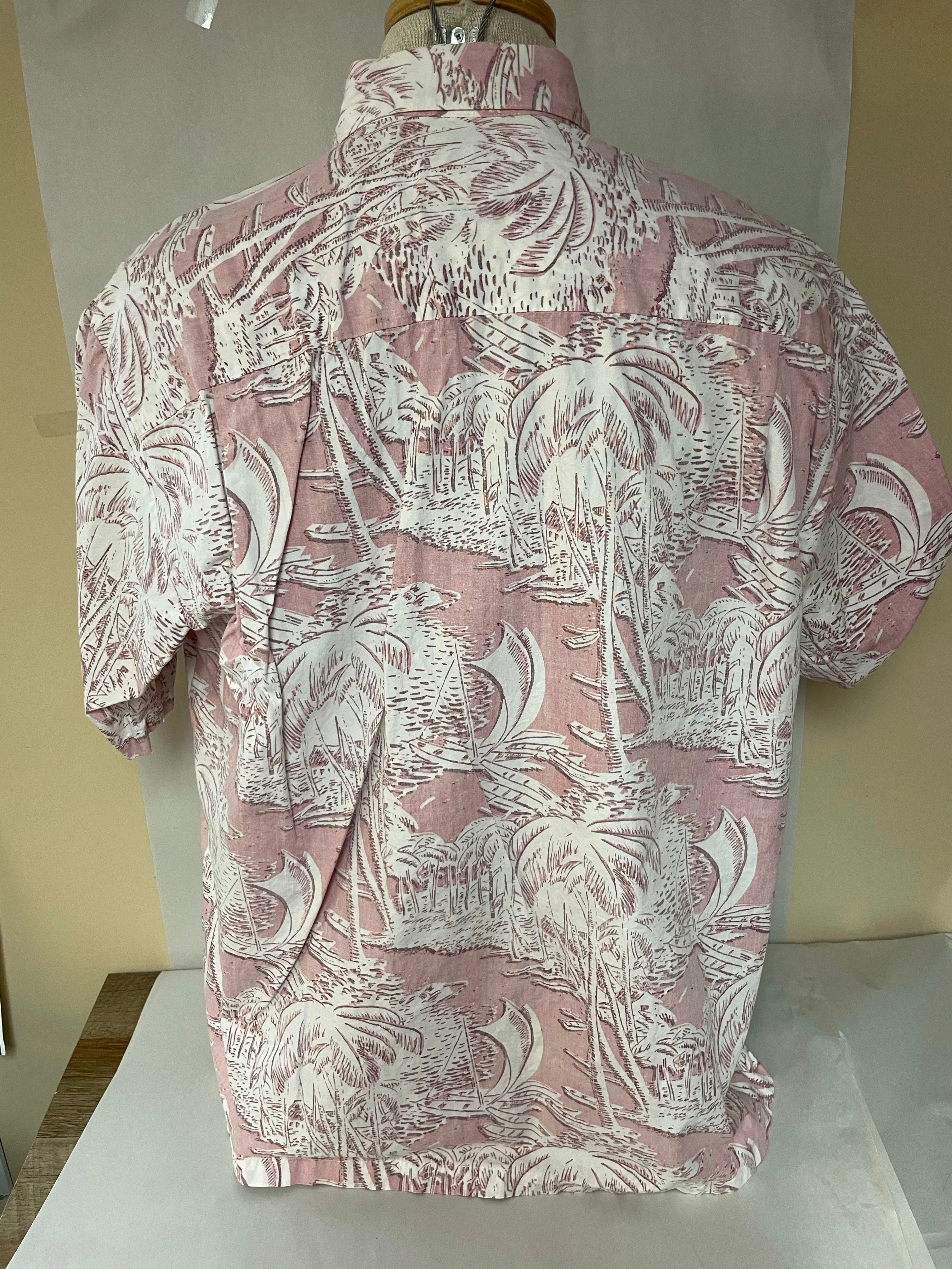 <€€*v Mens KAHALA Hawaiian Islands Cotton Caribbean Camp XLarge Sail Boat Palm Pink Pocket
