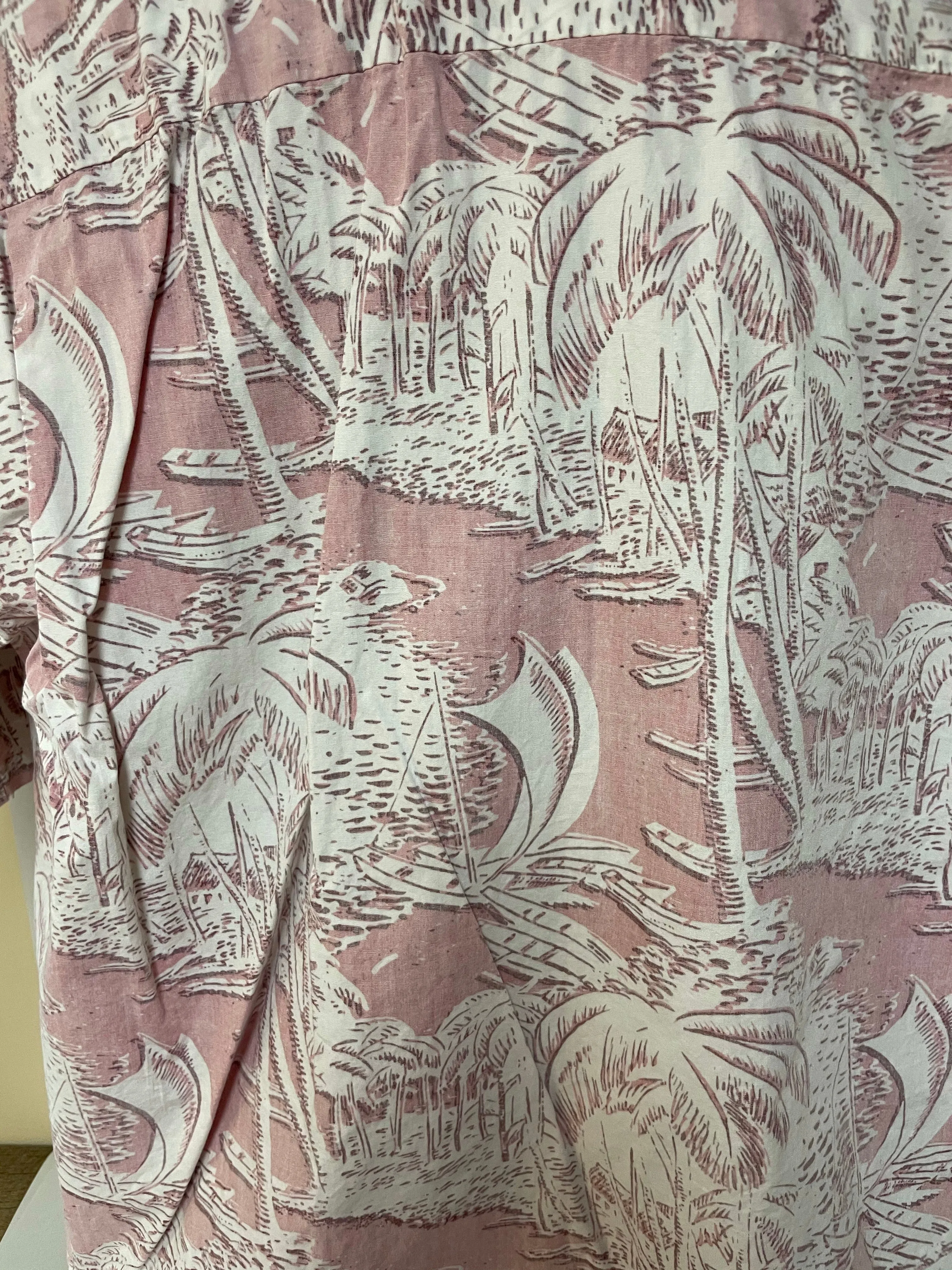 <€€*v Mens KAHALA Hawaiian Islands Cotton Caribbean Camp XLarge Sail Boat Palm Pink Pocket