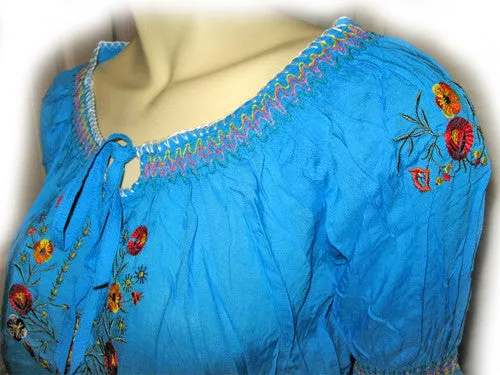 NEW Women BLUE Floral Flowers Embroidery Short Sleeve TOP BLOUSE Summer Tops Clothes Clothing