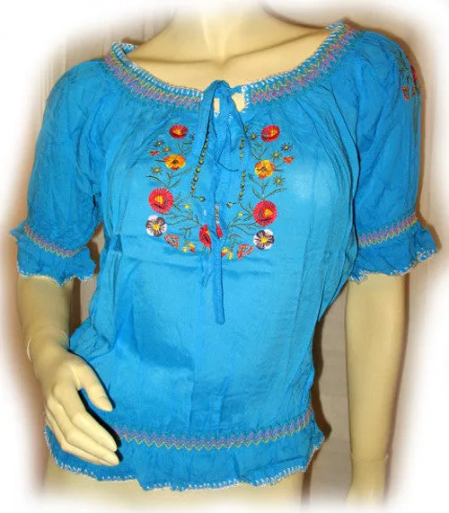 NEW Women BLUE Floral Flowers Embroidery Short Sleeve TOP BLOUSE Summer Tops Clothes Clothing