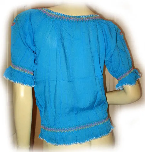 NEW Women BLUE Floral Flowers Embroidery Short Sleeve TOP BLOUSE Summer Tops Clothes Clothing