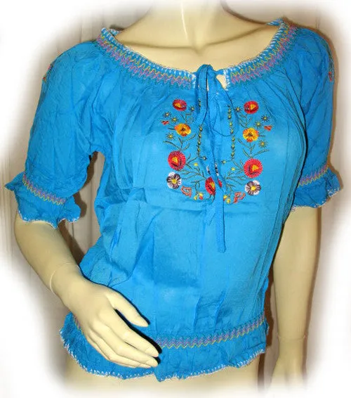 NEW Women BLUE Floral Flowers Embroidery Short Sleeve TOP BLOUSE Summer Tops Clothes Clothing