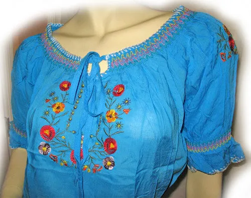 NEW Women BLUE Floral Flowers Embroidery Short Sleeve TOP BLOUSE Summer Tops Clothes Clothing