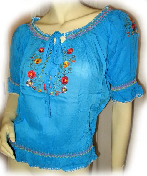 NEW Women BLUE Floral Flowers Embroidery Short Sleeve TOP BLOUSE Summer Tops Clothes Clothing