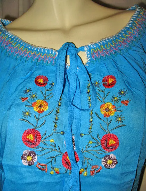 NEW Women BLUE Floral Flowers Embroidery Short Sleeve TOP BLOUSE Summer Tops Clothes Clothing