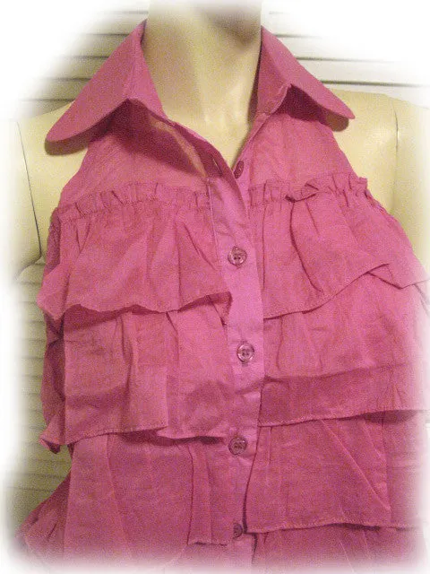 NEW Womens PINK Multi LAYER LAYERED TIER Sleeveless Collared HALTER TOP Summer Clothing