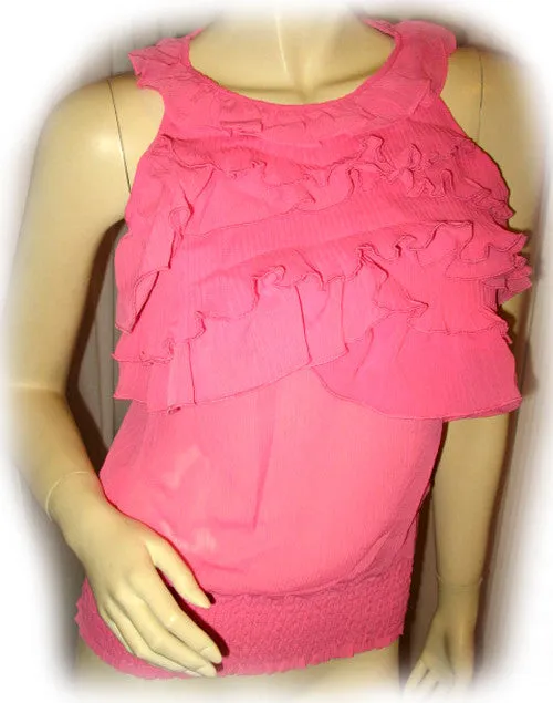NEW Womens PINK Ruffle Ruffled Sleeveless TOP Blouse Layer Layered Chest Summer Tops Clothes Clothing