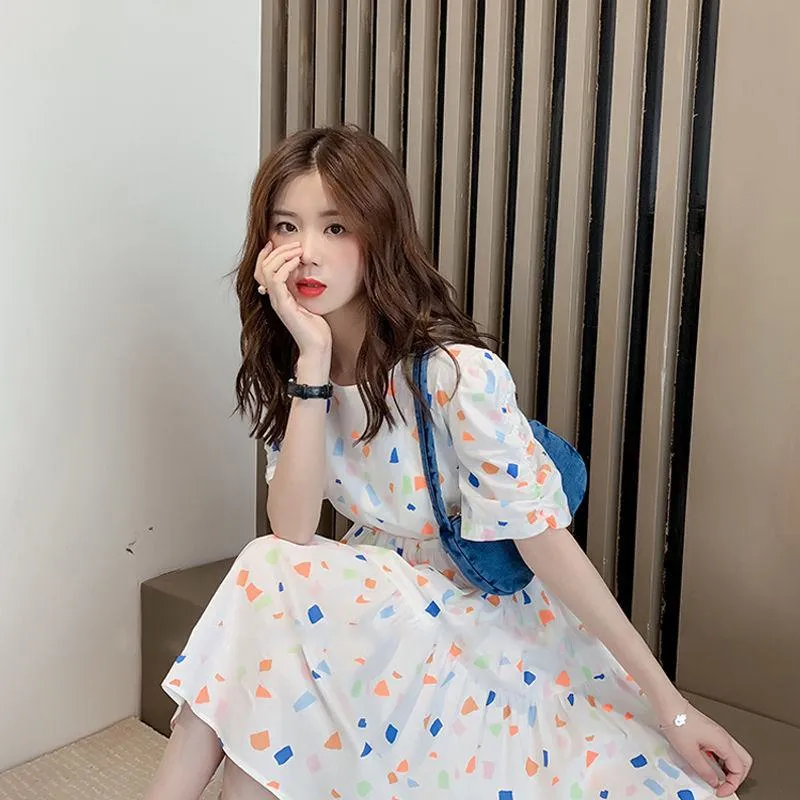 Slimming Cinched Waist Loose Fit Floral Print A-Line Chiffon Fairy Slim-Fit Dress