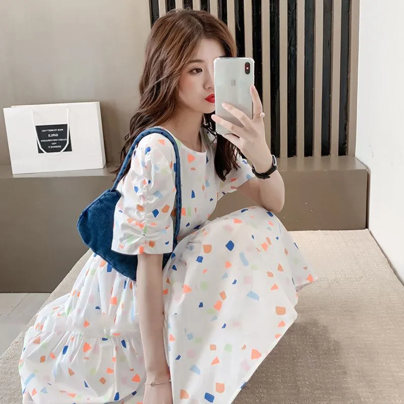 Slimming Cinched Waist Loose Fit Floral Print A-Line Chiffon Fairy Slim-Fit Dress