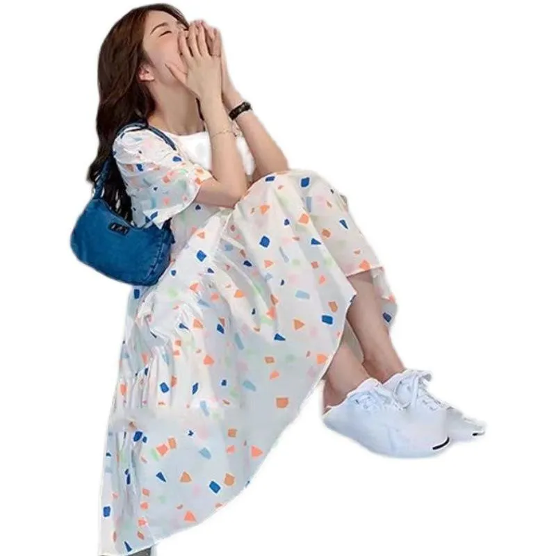 Slimming Cinched Waist Loose Fit Floral Print A-Line Chiffon Fairy Slim-Fit Dress
