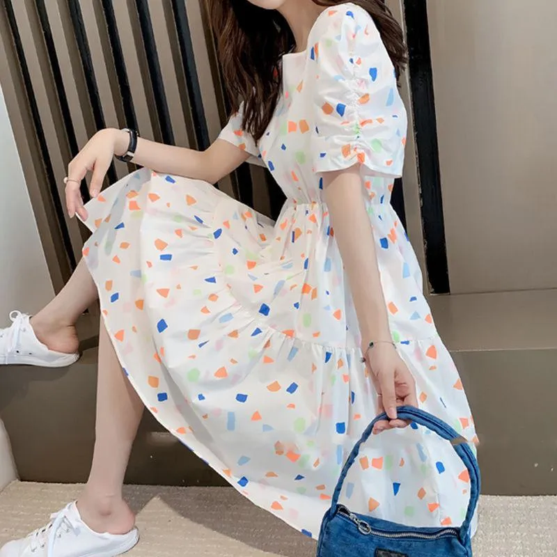 Slimming Cinched Waist Loose Fit Floral Print A-Line Chiffon Fairy Slim-Fit Dress