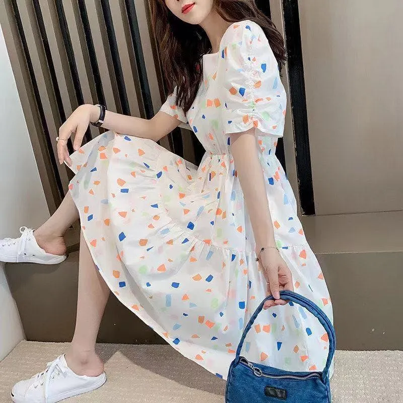 Slimming Cinched Waist Loose Fit Floral Print A-Line Chiffon Fairy Slim-Fit Dress