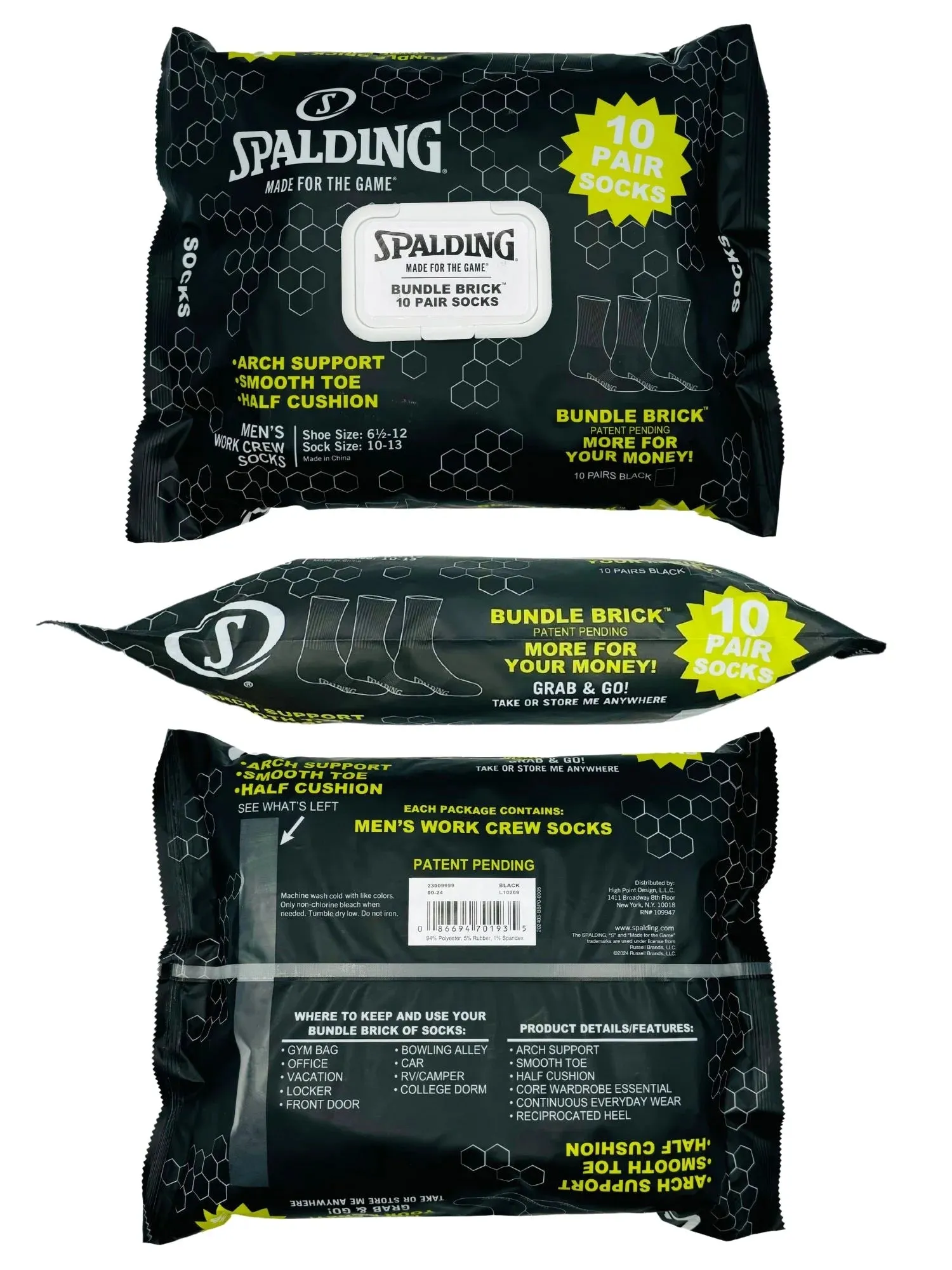 Spalding Men's Black Work Crew Socks, 10-Pack, Sizes 6.5-12