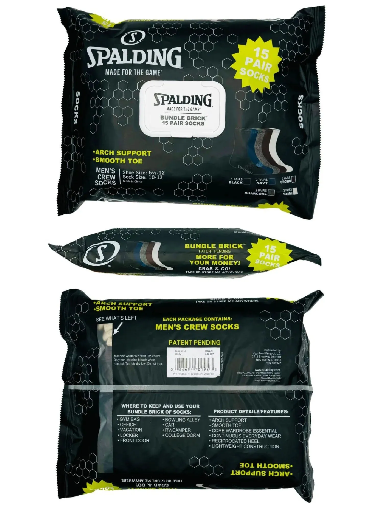 Spalding Men's Neutral Casual Crew Socks, 15-Pack, Sizes 6.5-12