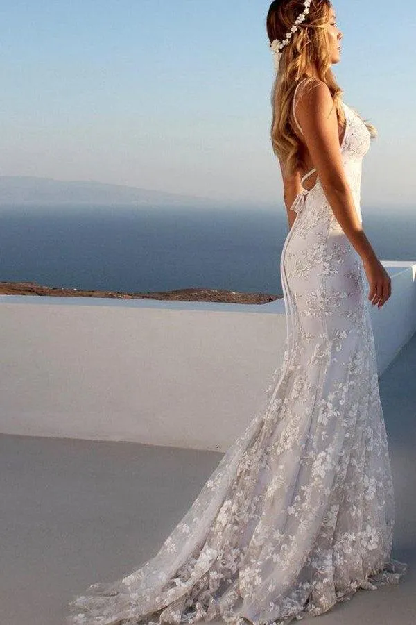Straps Mermaid Prom Dress V Neck Formal Party Dress with Appliques  PSK089