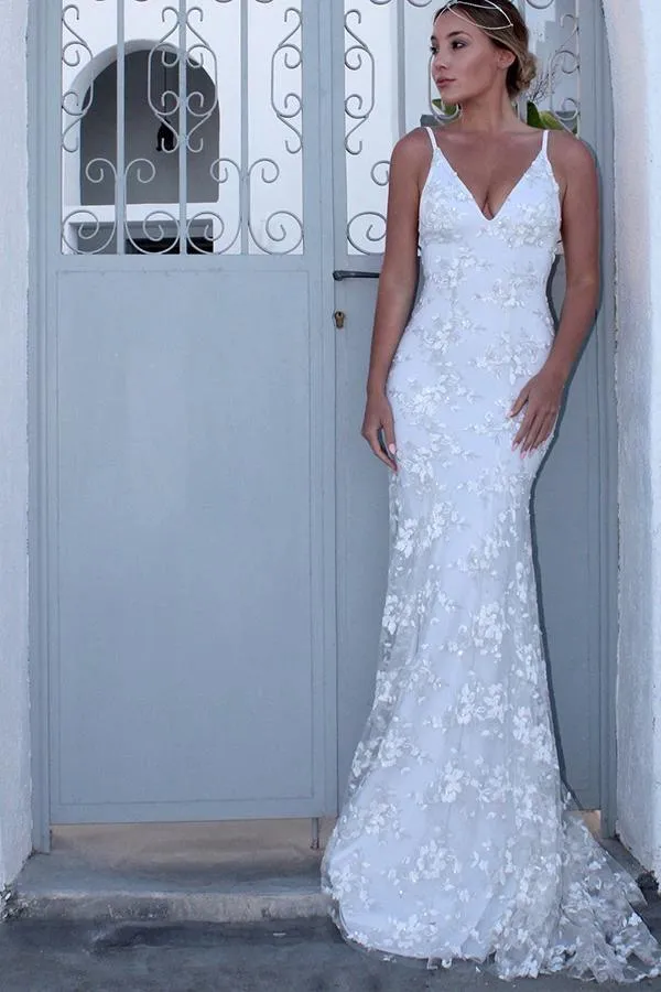 Straps Mermaid Prom Dress V Neck Formal Party Dress with Appliques  PSK089