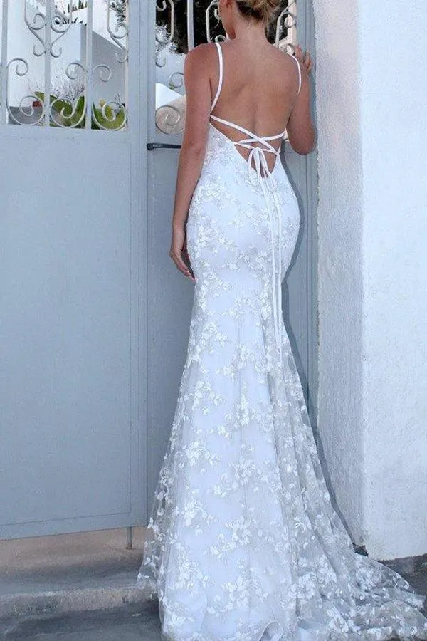 Straps Mermaid Prom Dress V Neck Formal Party Dress with Appliques  PSK089