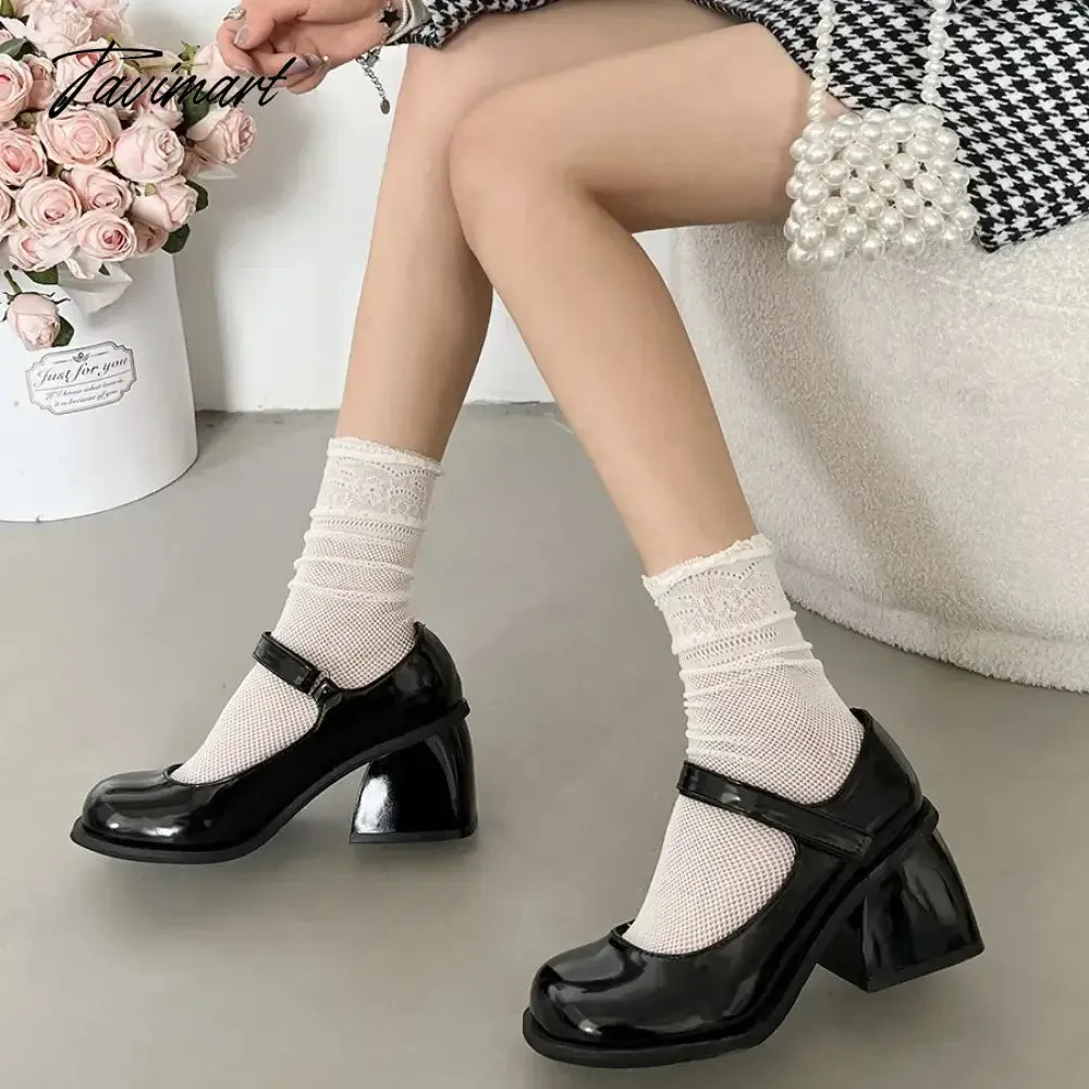 Tavimart Black round toe retro high rise thick heeled PU leather shoes for women in autumn and winter womens shoes pumps