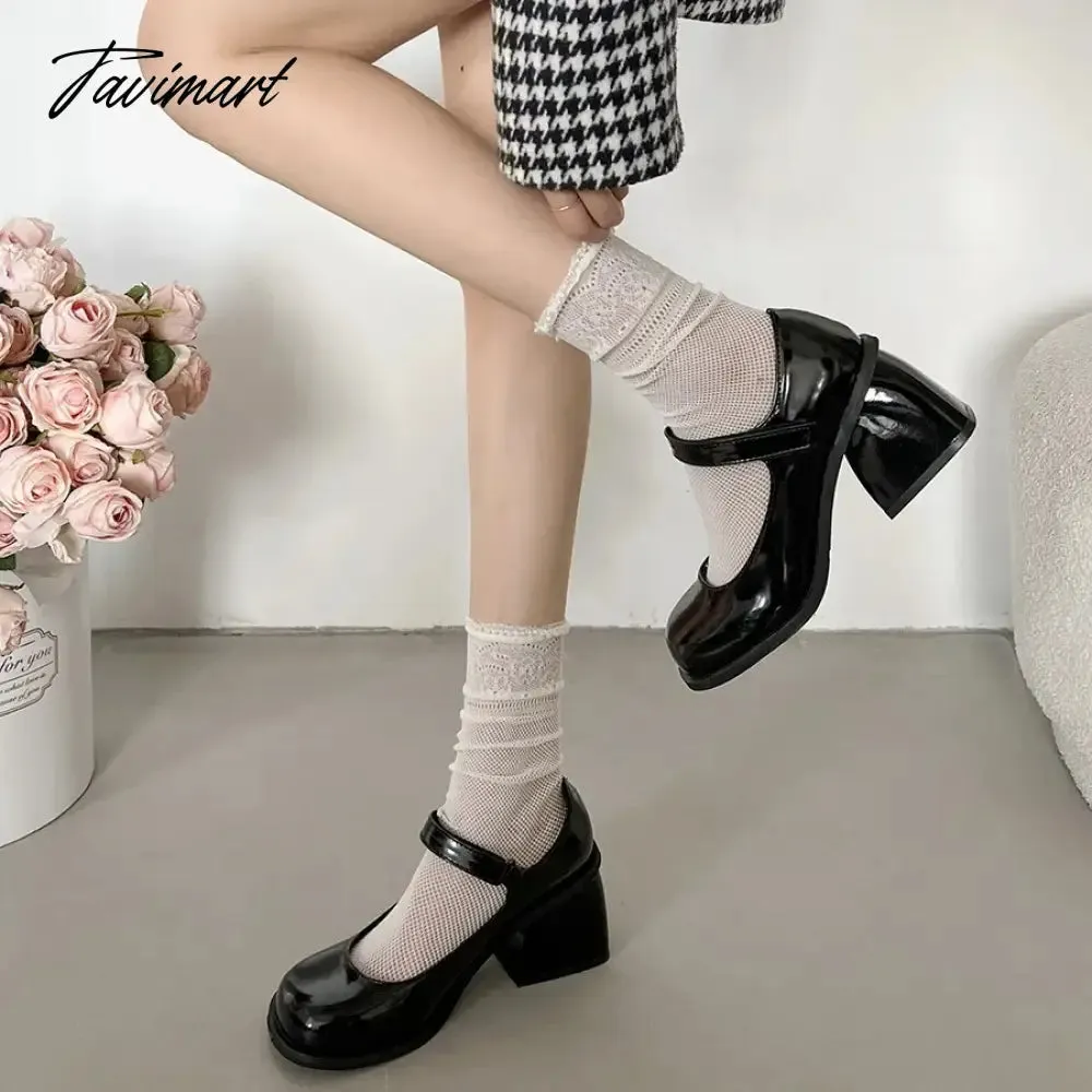 Tavimart Black round toe retro high rise thick heeled PU leather shoes for women in autumn and winter womens shoes pumps