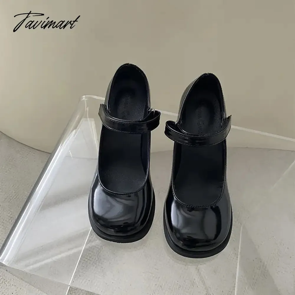 Tavimart Black round toe retro high rise thick heeled PU leather shoes for women in autumn and winter womens shoes pumps