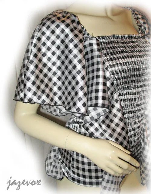USA MADE NEW Womens BLACK WHITE Checkered Plaid Squares BAT WING Sleeve TOP Clothing