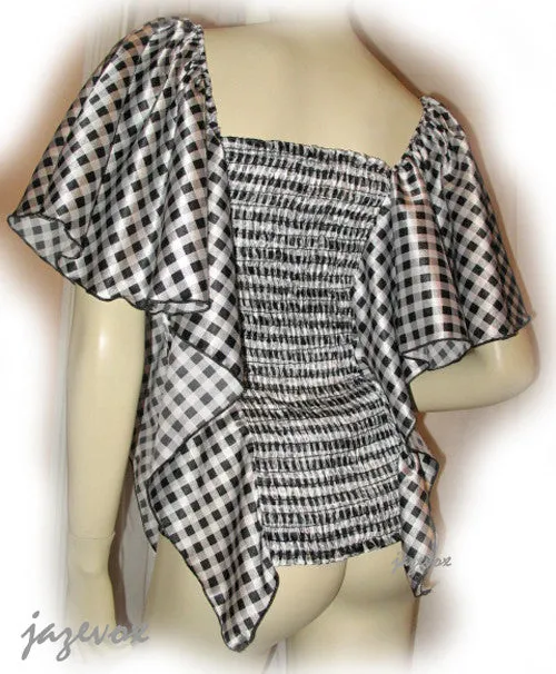 USA MADE NEW Womens BLACK WHITE Checkered Plaid Squares BAT WING Sleeve TOP Clothing
