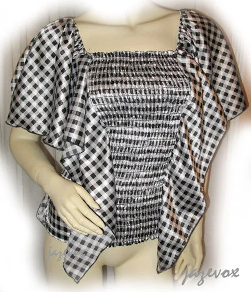 USA MADE NEW Womens BLACK WHITE Checkered Plaid Squares BAT WING Sleeve TOP Clothing