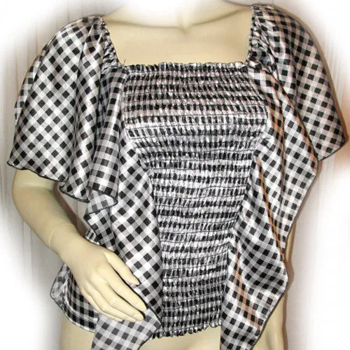 USA MADE NEW Womens BLACK WHITE Checkered Plaid Squares BAT WING Sleeve TOP Clothing