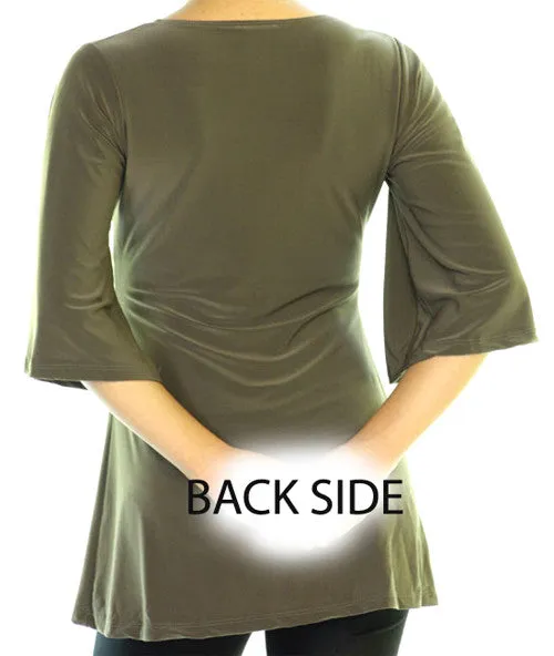 USA MADE NEW Womens BROWN 3/4 Bell Sleeve Gold Beads Empire Waist V-Neck TOP Fall Clothes Clothing