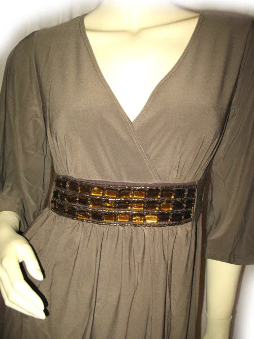 USA MADE NEW Womens BROWN 3/4 Bell Sleeve Gold Beads Empire Waist V-Neck TOP Fall Clothes Clothing