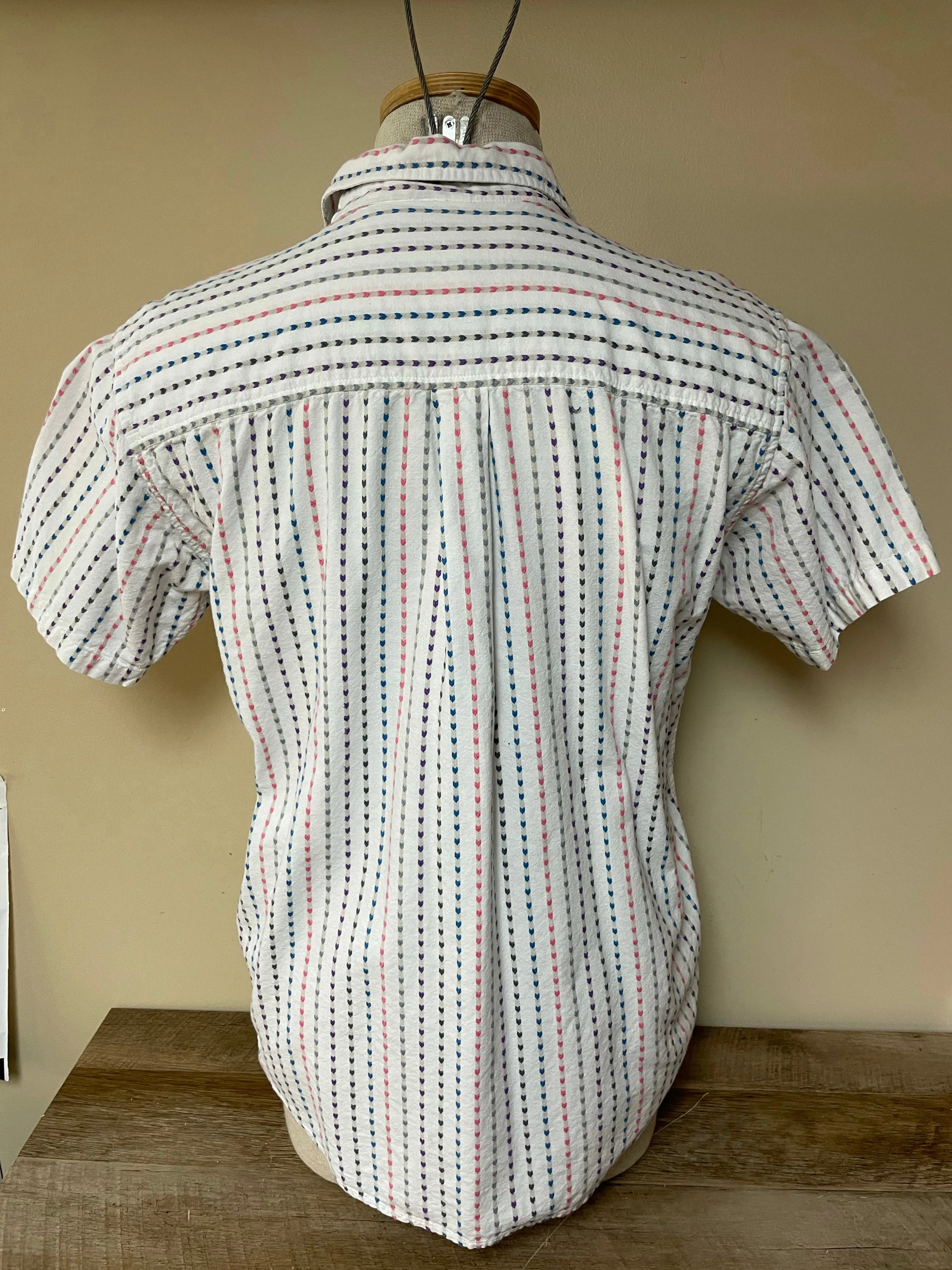 Vintage Cascade Blues Womens Heart Stripe Button Down Top Short Sleeve Large