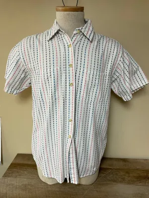 Vintage Cascade Blues Womens Heart Stripe Button Down Top Short Sleeve Large