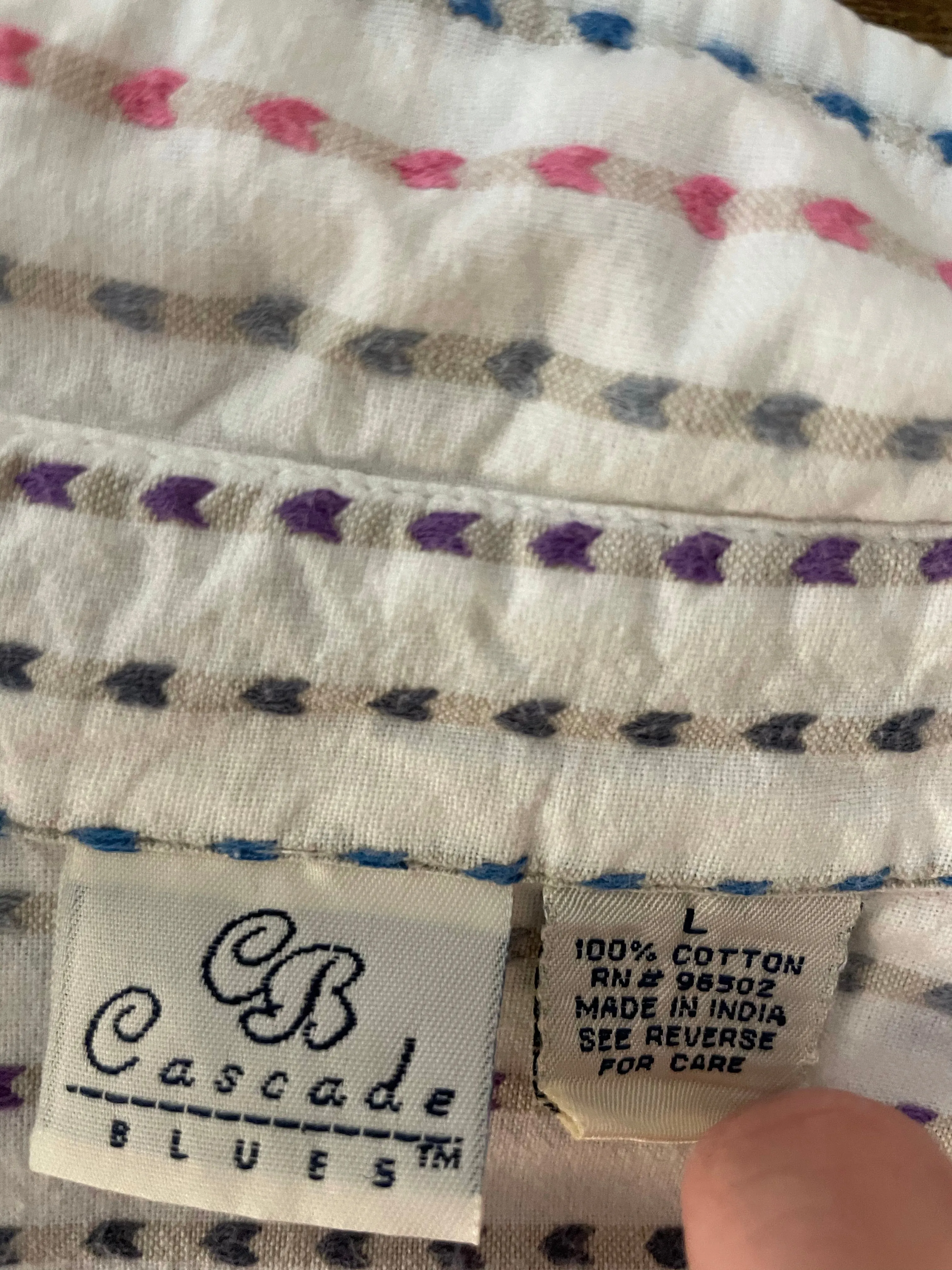 Vintage Cascade Blues Womens Heart Stripe Button Down Top Short Sleeve Large