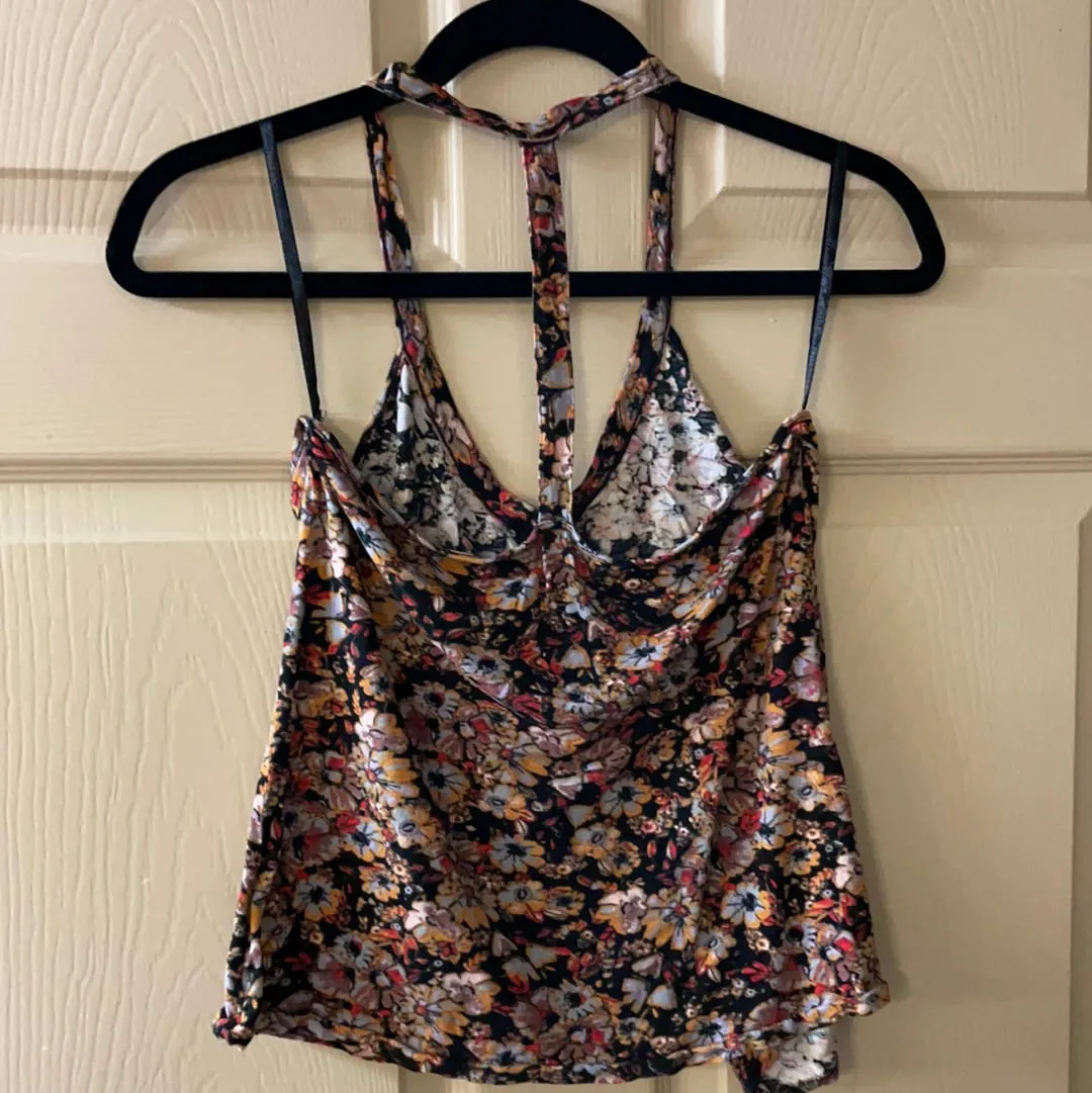Womens Small ECOTE URBAN Outfitters Black Tank Top Floral Razorback Crop
